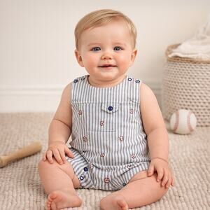 Little Me Baseball Stripe Sunsuit Baby Boys 18M Blue Romper 100% Cotton